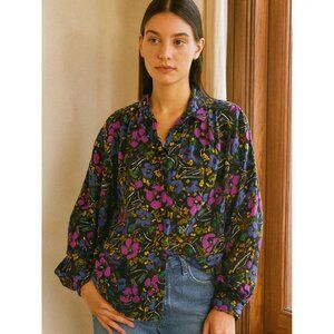 Vintage Studio BSC Blouse Top Button-up Floral Print Soft Rayon size L Novelty